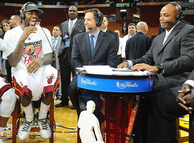 LeBron James appears on the NBA TV set with Charles Barkley after 2012 NBA Finals. (Getty Images)