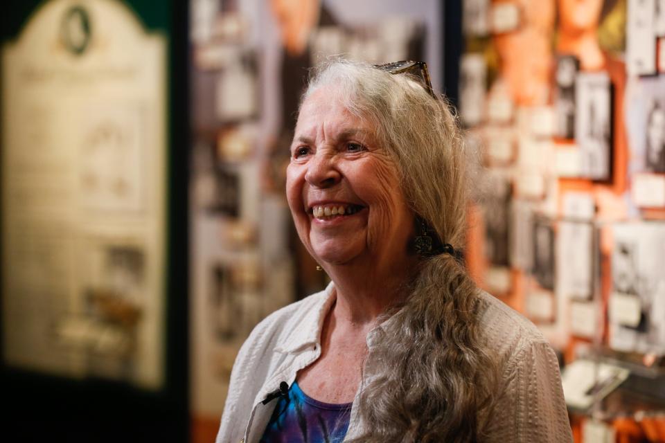 Joan Randall shares stories of her mother, Louise "Luise" Kink, at the Titanic Museum Attraction in Branson on Tuesday, June 6, 2023. Kink was one of 135 children aboard the Titanic when it sank on the evening of April 15, 1912. The shoes Kink wore on the ship the night it sank are temporarily on display at the museum through the end of 2023. Randall is one of only a handful of direct descendants of Titanic survivors.