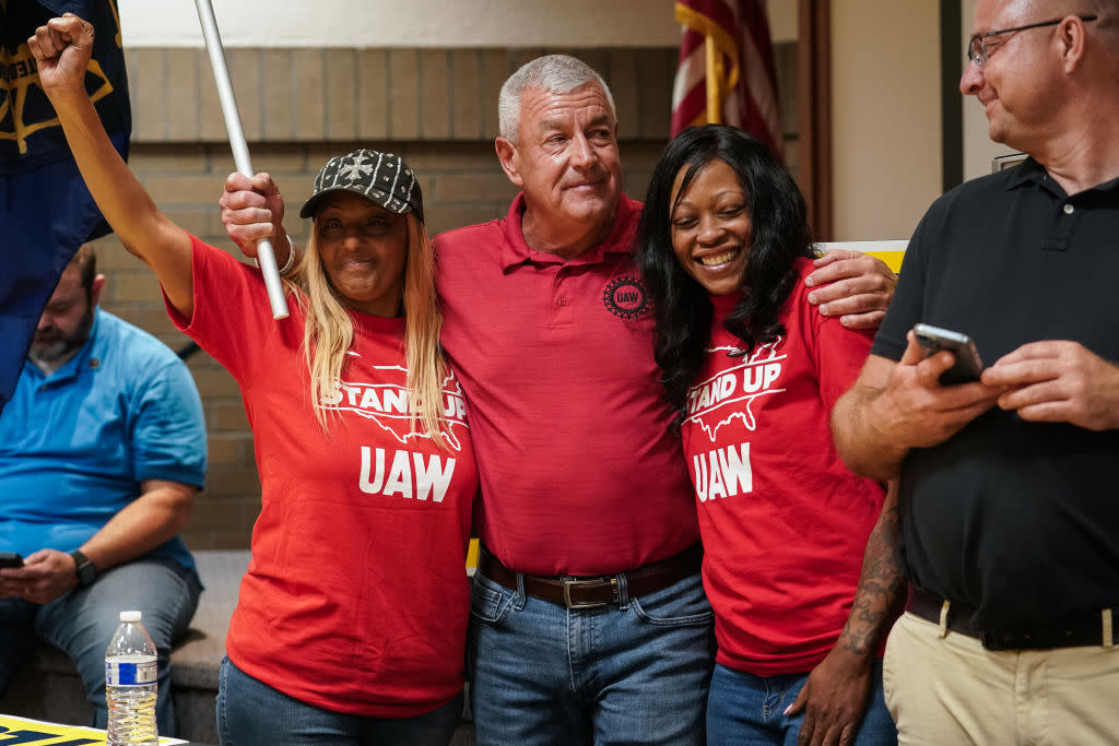 Local labor organizers celebrate at a United Auto Workers vote watch party on April 19, 2024 in Chattanooga, Tennessee. (Photo by Elijah Nouvelage/Getty Images)