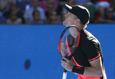 Tennis - Australian Open - Quarterfinals - Rod Laver Arena, Melbourne, Australia, January 23, 2018. Kyle Edmund of Britain celebrates winning against Grigor Dimitrov of Bulgaria. REUTERS/Thomas Peter