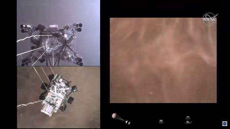 Three views of Perseverance's landing on Mars: at top left, a camera on the rover is looking up at its rocket-powered descent vehicle, which is in the process of lowering the rover to the surface. At bottom left, a camera on the 