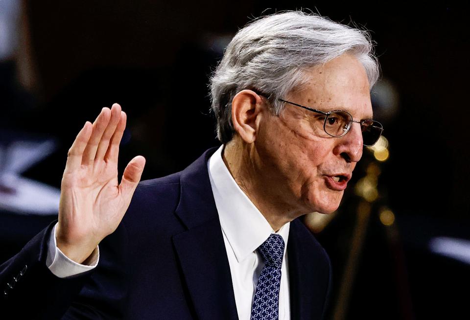 Judge Merrick Garland, nominee to be attorney general, is sworn in at his confirmation hearing before the Senate Judiciary Committee, Monday, Feb. 22, 2021, on Capitol Hill in Washington. (Carlos Barria/Pool via AP)