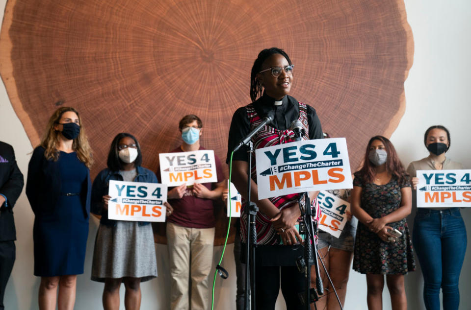 Minister JaNaé Bates of Yes 4 Minneapolis speaks at a press conference on July 30 about a ballot question that would replace the police department with a new agency. (Renee Jones Schneider / Getty Images)