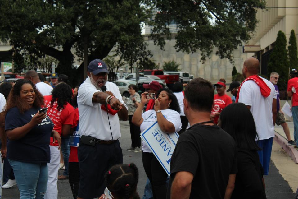 Dewey McClain, state House representative and former president of the Atlanta-North Georgia Labor Council, leads a chant at the IBEW  building in Atlanta on Labor Day, Sept. 5, 2022