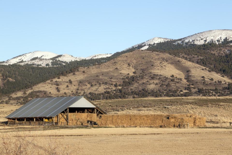 A hay barn and baling operation along U.S. 395 in the extreme northeastern corner of California, in