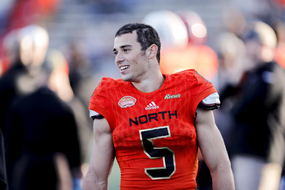 MOBILE, AL - JANUARY 26:  Wide receiver Andy Isabella #5 of Massachusetts of the North Team on the sidelines during the 2019 Resse's Senior Bowl at Ladd-Peebles Stadium on January 26, 2019 in Mobile, Alabama. The North defeated the South 34 to 24. (Photo by Don Juan Moore/Getty Images)