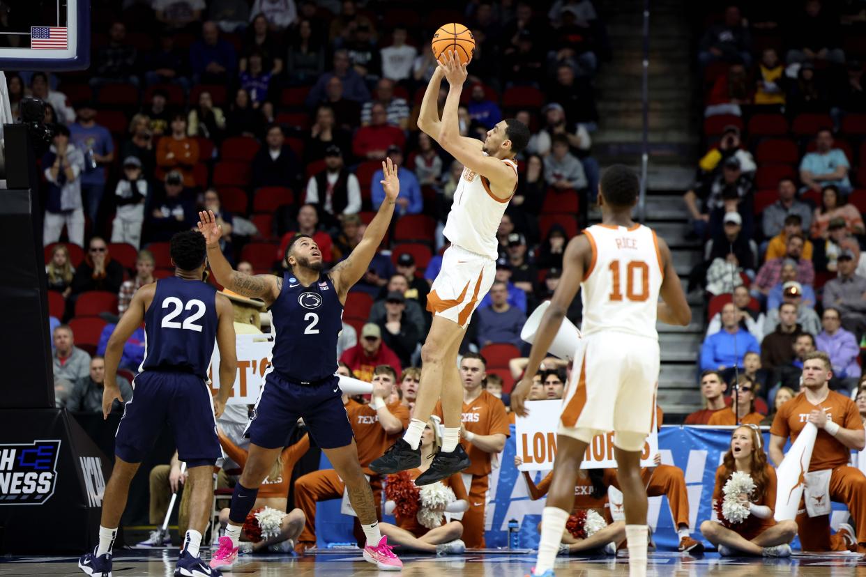 Texas forward Dylan Disu shoots against Penn State during the Longhorns' win in the second round of the NCAA Tournament last weekend. Disu set a school record with 14 field goals in the game while scoring 28 points, and he'll lead Texas into a Sweet 16 matchup with Xavier Friday in Kansas City, Mo.