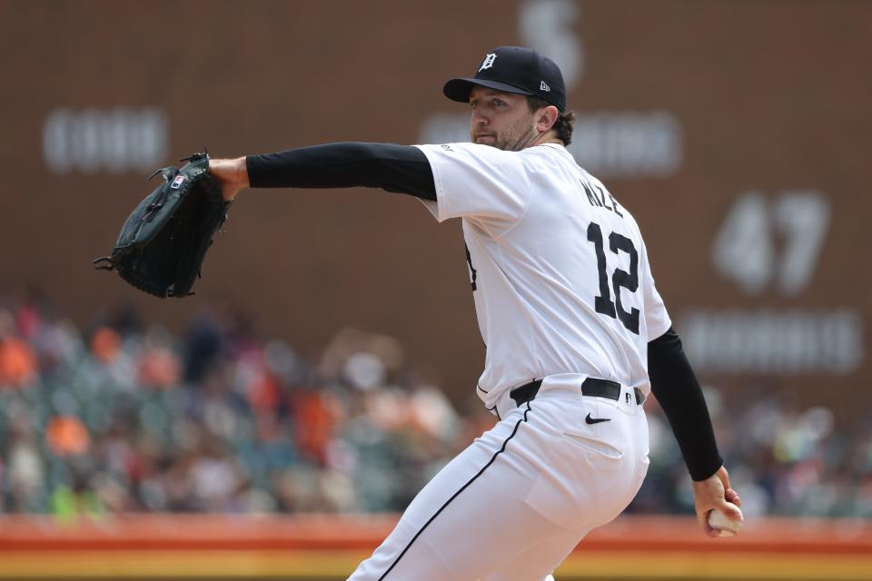 Tigers pitcher Casey Mize throws a pitch against the Marlins in the first inning on Wednesday, May 15, 2024, at Comerica Park.