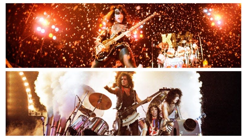 Top image: Gene Simmons and Peter Criss perform during the Alive! album cover shoot (Fin Costello/Redferns/Getty Images). Bottom image: Gene Simmons, Vinnie Vincent, and Paul Stanley perform during the Lick It Up tour at Wembley Arena in 1983 (Pete Still/Redferns/Getty Images)