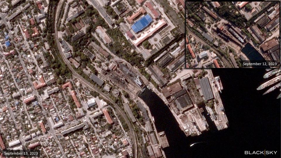 A satellite view of the Crimea Shipyard before the strike and a general view of damage at the Shipyard after the strike. (BLACKSKY/AFP via Getty Images)
