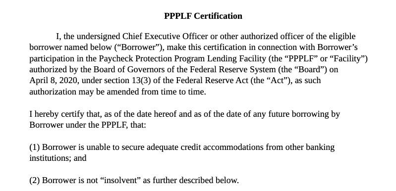 Part of the statement required by applicants in the Paycheck Protection Program. (Photo: Paycheck Protection Program document)