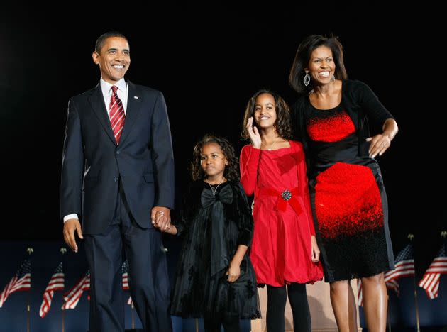 President-elect Barack Obama stands on stage with his family during an election night gathering in Grant Park in Chicago on Nov. 4, 2008. (Photo: Joe Raedle via Getty Images)