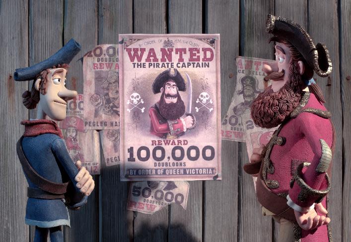 In this film image released by Sony Pictures, Pirate with a Scarf, voiced by Martin Freeman, left, and Pirate Captain, voiced by Hugh Grant, are shown in a scene from "The Pirates! Band of Misfits." (AP Photo/Aardman Animation for Sony Pictures Animation)