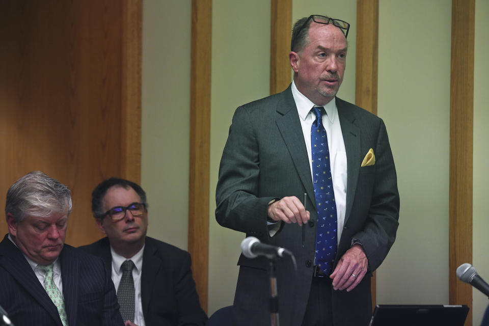 Attorney John Kennelly, representing Registrar of Voters Patricia Howard, speaks during a hearing in Bridgeport Superior Court in Bridgeport, Conn. Monday, Sept. 25, 2023. (Ned Gerard/Hearst Connecticut Media via AP, Pool)