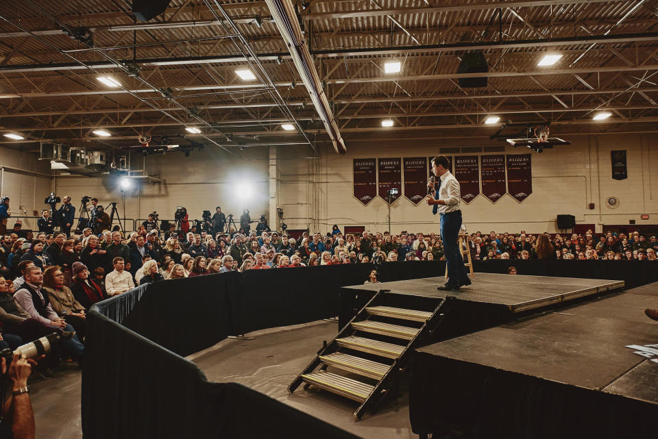 Mayor Pete Buttigieg speaking at his GOTV Rally at the Lebanon High School in Lebanon, N.H. on Feb. 8, 2020. | Tony Luong for TIME