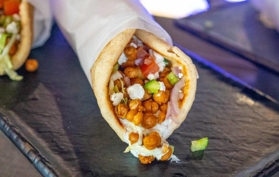 Petra Greek’s chickpea gyro is one of Golden 1 Center’s vegetarian options during the media food tasting event on Monday.