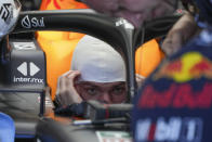 Red Bull driver Max Verstappen of the Netherlands waits in his car during the first practice session of the Australian Formula One Grand Prix at Albert Park, in Melbourne, Australia, Friday, March 22, 2024. (AP Photo/Asanka Brendon Ratnayake)