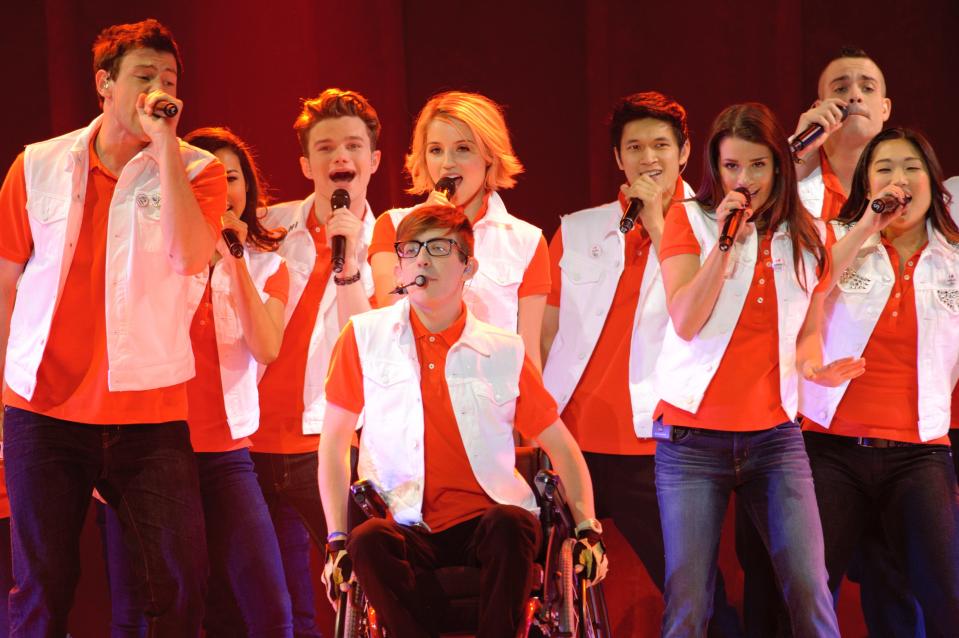 The cast of TV series "Glee" in their concert film "Glee: The 3D Concert Movie."