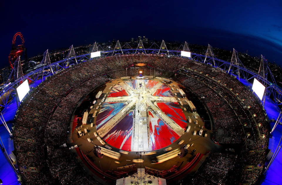 A general view of the stadium as a Union Jack is formed during the Closing Ceremony on Day 16 of the London 2012 Olympic Games at Olympic Stadium on August 12, 2012 in London, England. (Photo by Rob Carr/Getty Images)