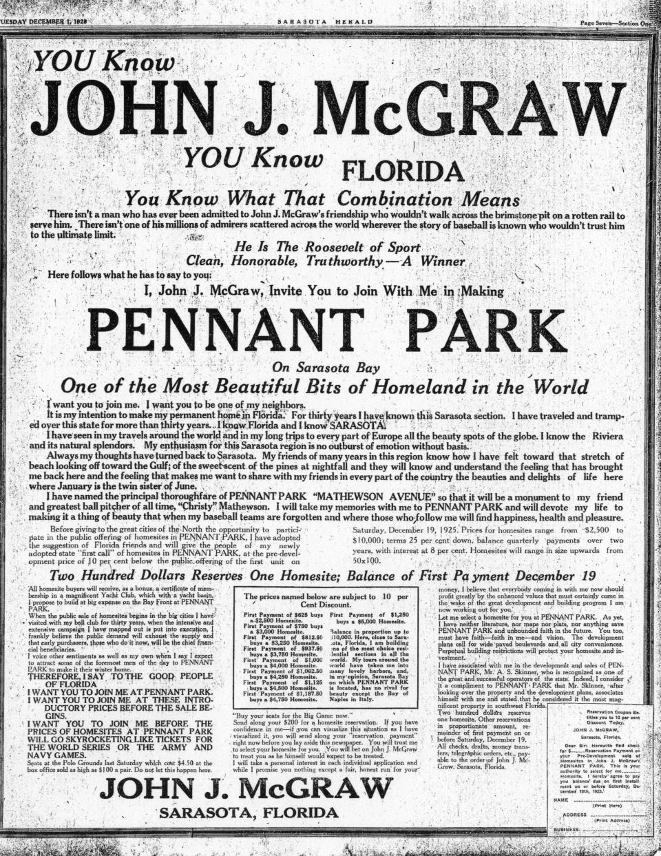 Full page advertisements for housing developments were common in early editions of
the Sarasota Herald.