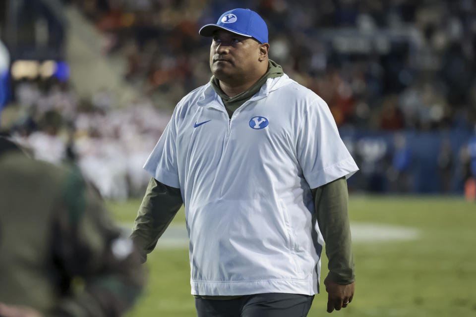 BYU coach Kalani Sitake walks off the field at halftime of the team's NCAA college football game against Iowa State on Saturday, Nov. 11, 2023, in Provo, Utah. (Spenser Heaps/The Deseret News via AP)