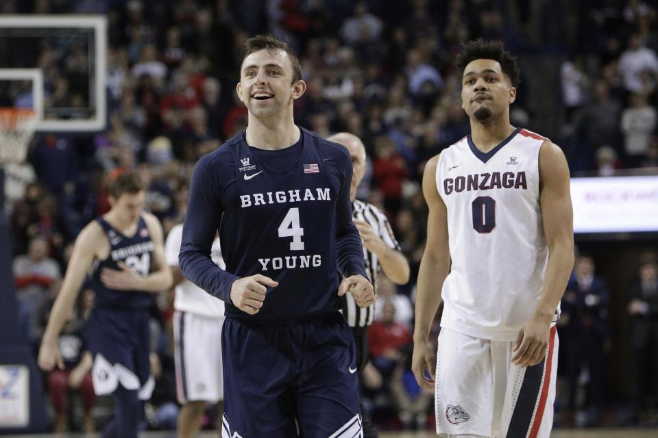 BYU guard Nick Emery (4) smiles near the end of the second half of the team's NCAA college basketball game against Gonzaga in Spokane, Wash., Saturday, Feb. 25, 2017. BYU won 79-71. (AP Photo/Young Kwak)