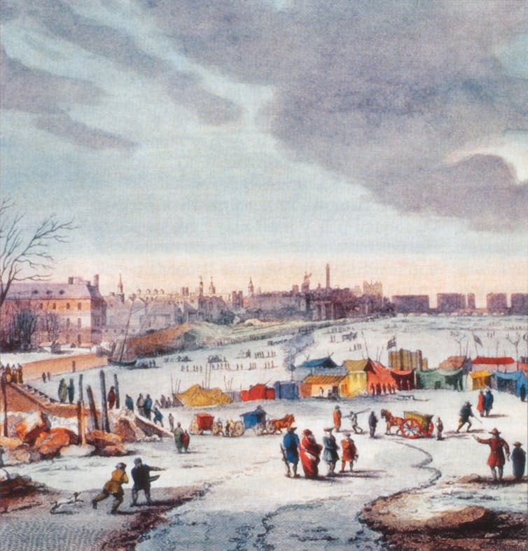 <span class="caption">During the winter of 1683–84, the Thames froze over. Regular weather records from London would begin a decade later.</span> <span class="attribution"><a class="link " href="https://en.wikipedia.org/wiki/River_Thames_frost_fairs#/media/File:Thomas_Wyke-_Thames_frost_fair.JPG" rel="nofollow noopener" target="_blank" data-ylk="slk:Thomas Wyke/Wikipedia;elm:context_link;itc:0;sec:content-canvas">Thomas Wyke/Wikipedia</a></span>