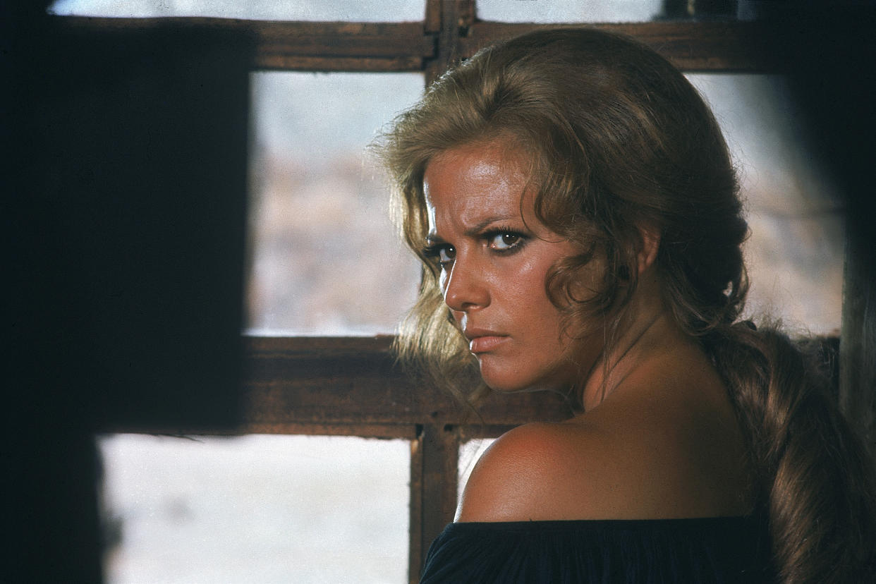 Italian actress Claudia Cardinale on the set of C'era Una Volta Il West (Once Upon a Time in the West), written, directed and produced by Sergio Leone. (Photo by Sunset Boulevard/Corbis via Getty Images)