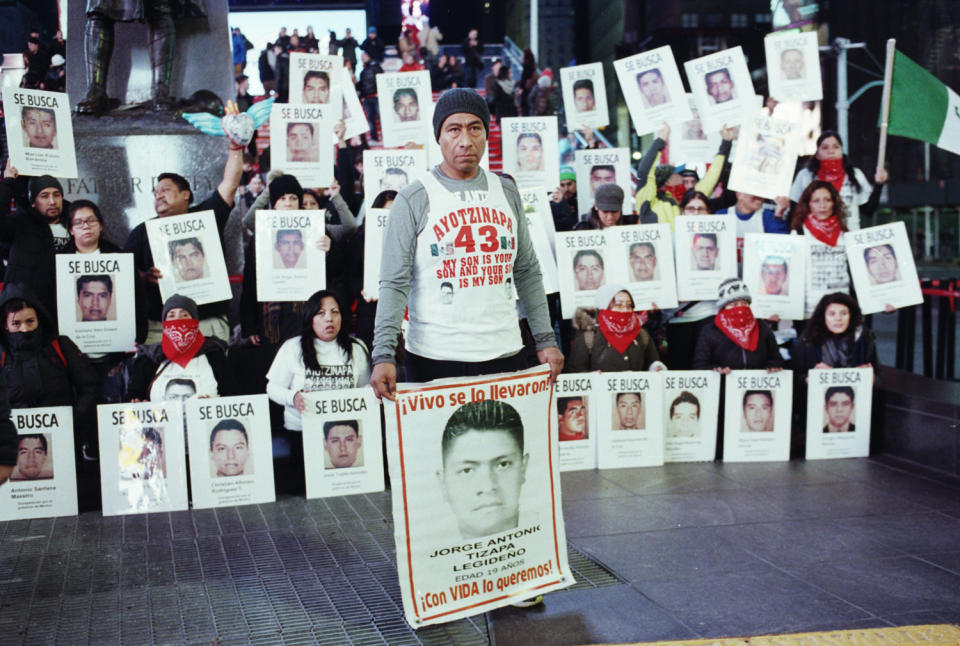 Antonio Tizapa, New York City resident and father of missing student Jorge Antonio Tizapa Legide&ntilde;o, records a protest video in Times Square on Feb.&nbsp;7, 2016.