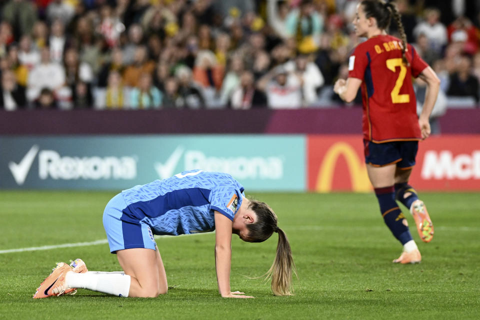 England's Ella Toone, left, reacts after missing to score a goal during the Women's World Cup soccer final between Spain and England at Stadium Australia in Sydney, Australia, Sunday, Aug. 20, 2023. (AP Photo/Steve Markham)