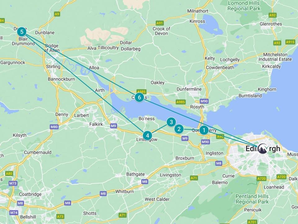 A map showing the stops of the "Outlander Adventure" one day tour of Scotland from Rabbie's.