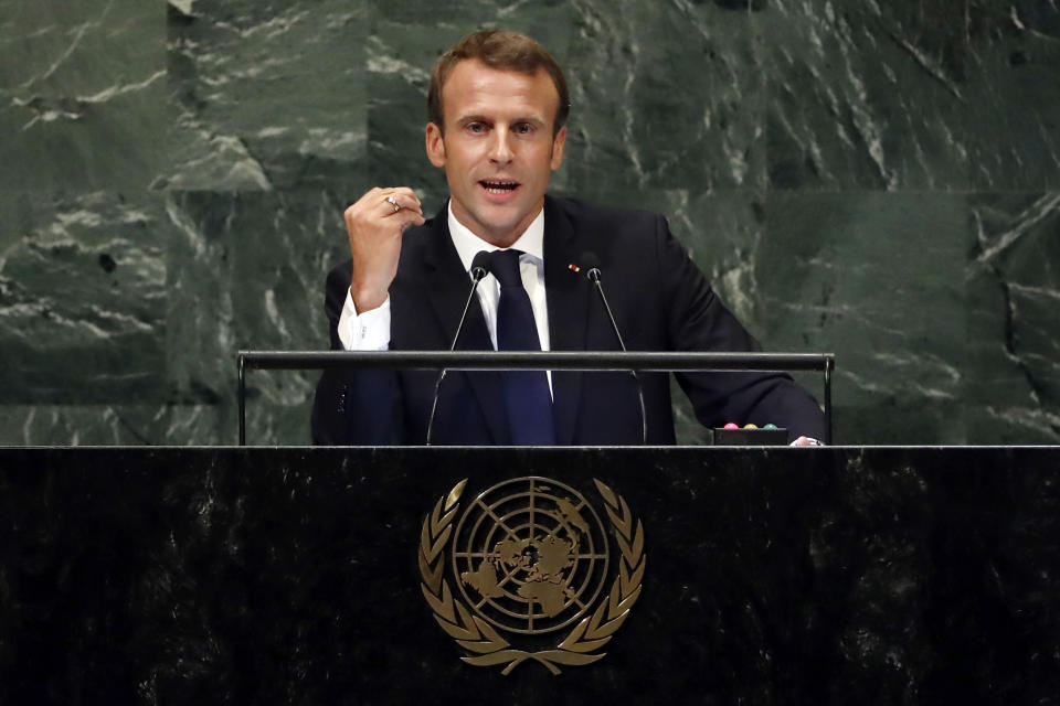 France's President Emmanuel Macron addresses the 73rd session of the United Nations General Assembly, at U.N. headquarters, Tuesday, Sept. 25, 2018. (AP Photo/Richard Drew)