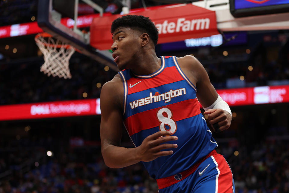 Rui Hachimura #8 of the Washington Wizards reacts against the New York Knicks during the first half of an NBA game at Capital One Arena