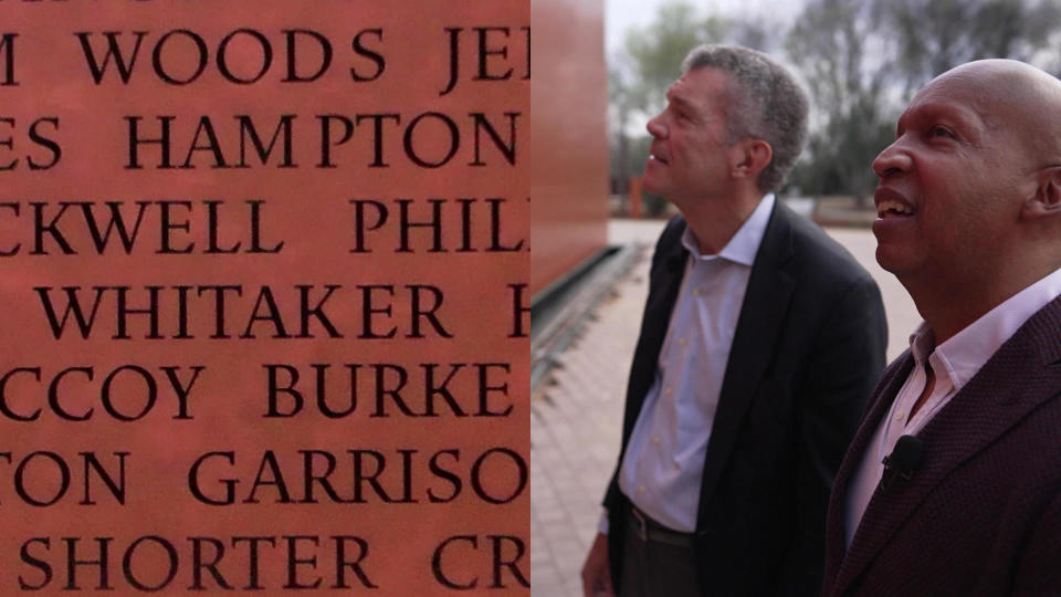 Correspondent Mark Whitaker and EJI director Bryan Stevenson at the National Monument to Freedom, a 43-foot tall, 150-foot long wall that memorializes the names of enslaved people freed following the Civil War. / Credit: CBS News