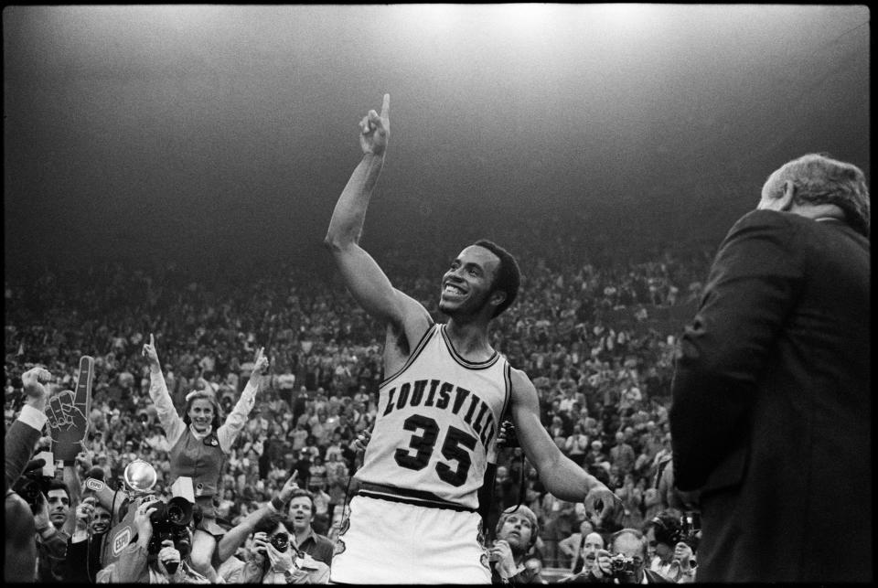 Darrell Griffith celebrates after leading his team to the NCAA basketball championship over UCLA in 1980. He has become an iconic figure in the history of the school and the state. 
  Barbara Montgomery/Courier Journal
University of Louisville's Darrell Griffith celebrates after leading his team to the NCAA basketball championship over UCLA. By Barbara Montgomery, The Courier-Journal. March 24, 1980.