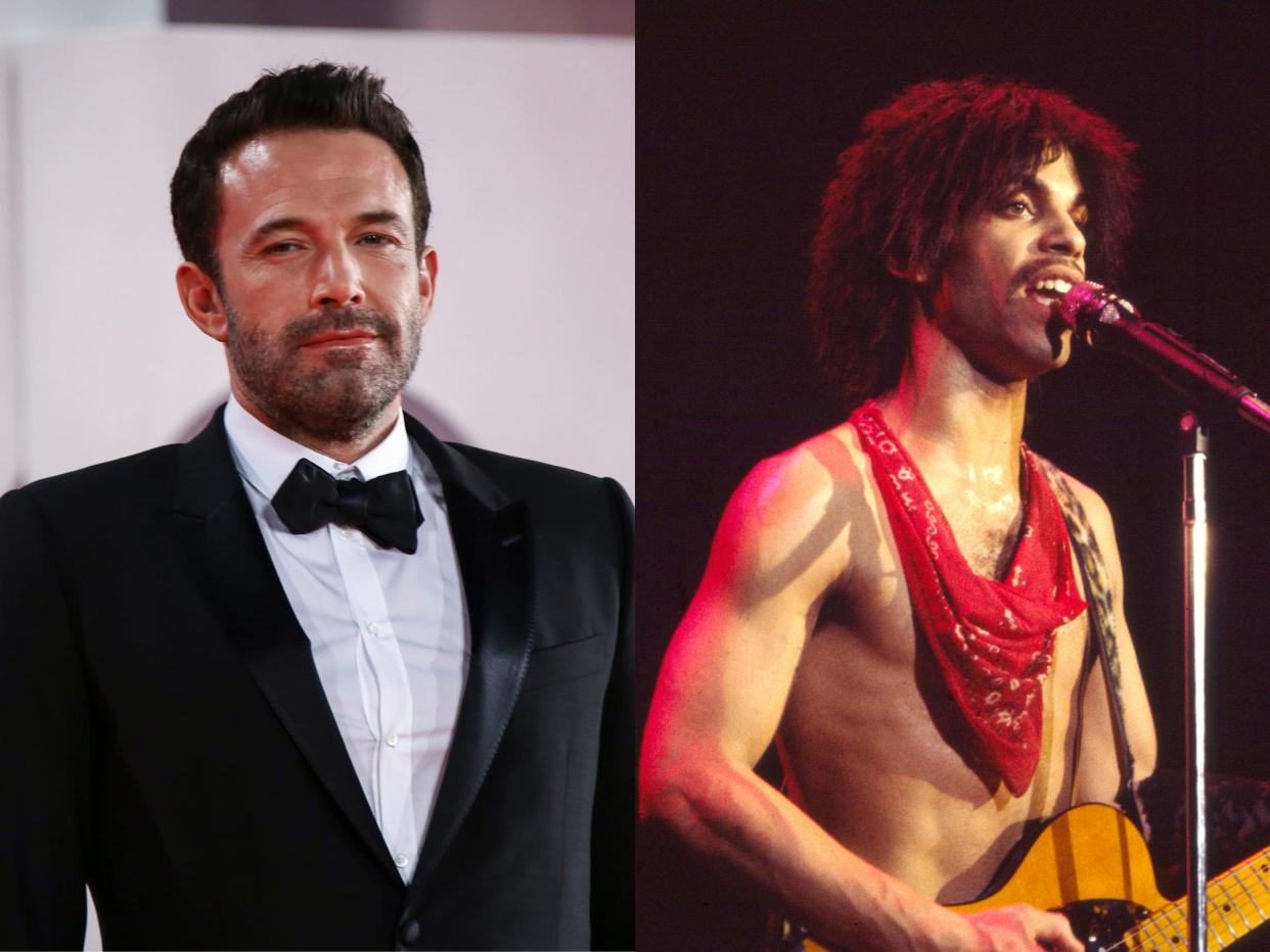 left; ben affleck wearing a black tuxedo with a black bowtie, smiling slightly at the camera; right: prince performing in 1981 on his "dirty mind tour," wearing no shirt except a loosely tied red bandana around his neck, smiling into a microhpone and holding a guitar