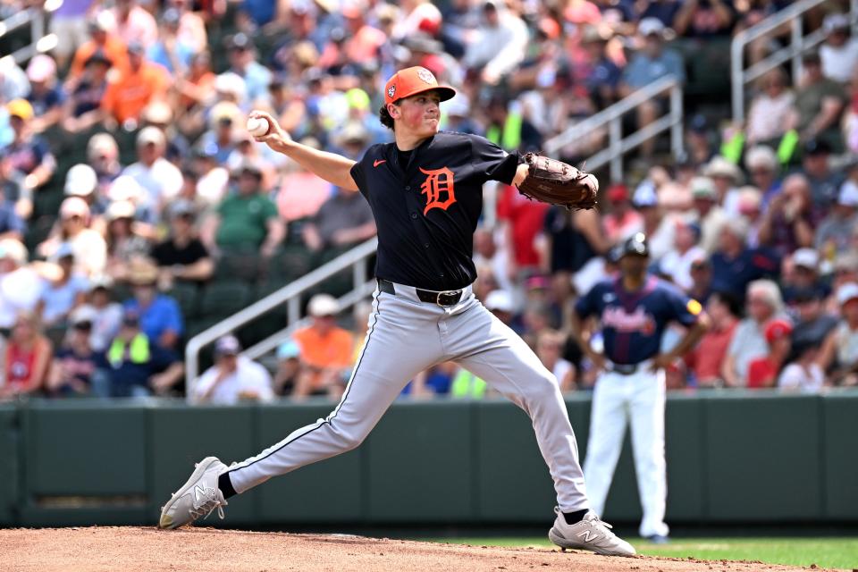 Detroit Tigers pitcher Reese Olson (40) throws a pitch in the first inning of the spring training game against the Atlanta Braves at CoolToday Park on March 5, 2024, in North Port, Florida.