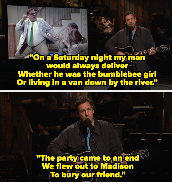 Top: Adam Sandler plays guitar while a television behind him shows Chris Farley in "Saturday Night Live" Bottom Adam Sandler plays guitar and sings about burying his friend in "Saturday Night Live"