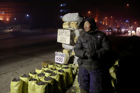 Bags of coal and wood are offered for sale in central Ulaanbaatar, Mongolia January 26, 2017. REUTERS/B. Rentsendorj