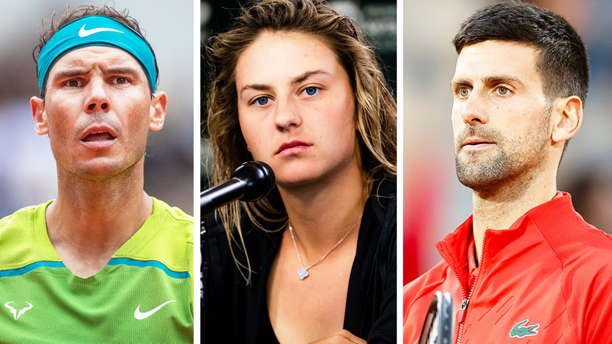 Ukraine tennis player Marta Kostyuk (pictured middle) speaks to the media (pictured left) Rafa Nadal reacts to a point and (pictured right) Novak Djokovic warms-up.