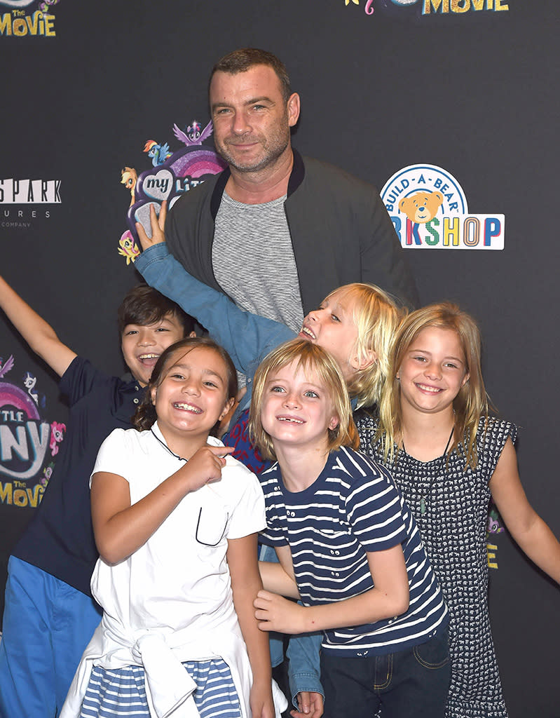 <p>Adorable! Liev Schreiber took his sons — Samuel, 8, and Sasha, 10 — plus their friends to the <em>My Little Pony: The Movie</em> screening in New York. Um, coolest dad ever? (Photo: Gary Gershoff/Getty Images) </p>