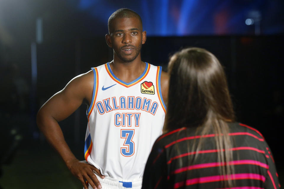 Oklahoma City Thunder guard Chris Paul (3) is interviewed during an NBA basketball media day in Oklahoma City, Monday, Sept. 30, 2019. (AP Photo/Sue Ogrocki)