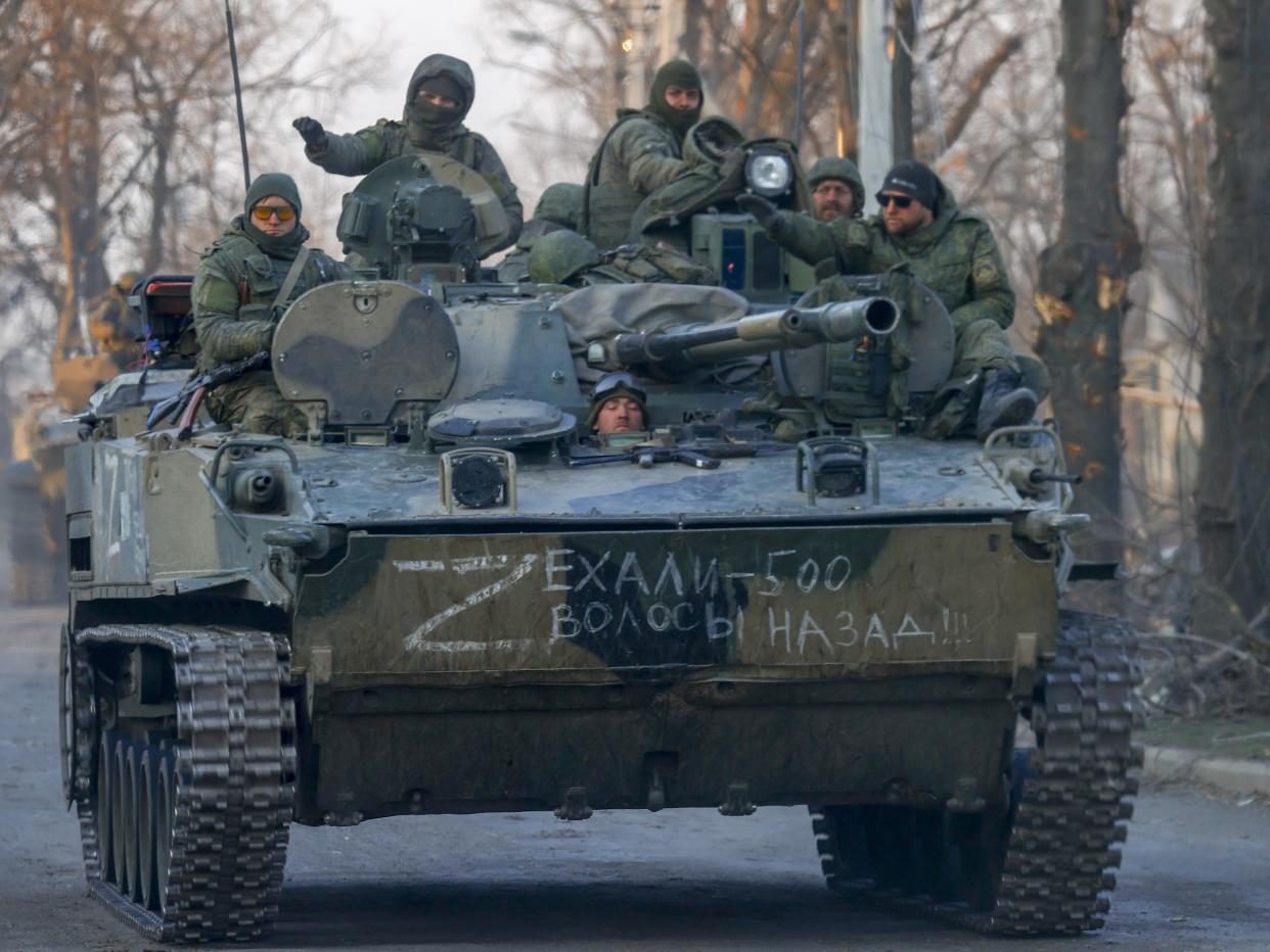 Russian soldiers are seen on a tank in Volnovakha district in the pro-Russian separatists-controlled Donetsk, in Ukraine on March 26, 2022.