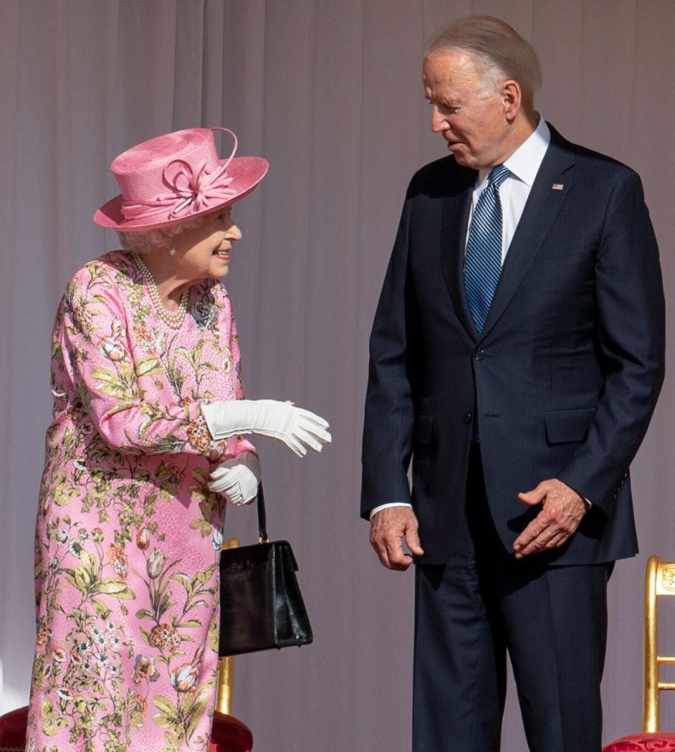 WINDSOR, ENGLAND - JUNE 13: Queen Elizabeth II and U.S. President Joe Biden at Windsor Castle on June 13, 2021 in Windsor, England. Queen Elizabeth II hosts US President, Joe Biden and First Lady Dr Jill Biden at Windsor Castle. The President arrived from Cornwall where he attended the G7 Leader's Summit and will travel on to Brussels for a meeting of NATO Allies and later in the week he will meet President of Russia, Vladimir Putin. (Photo by Mark Cuthbert - Pool/UK Press via Getty Images)