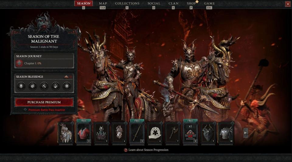 Diablo 4's first battle pass for Season of the Malignant.