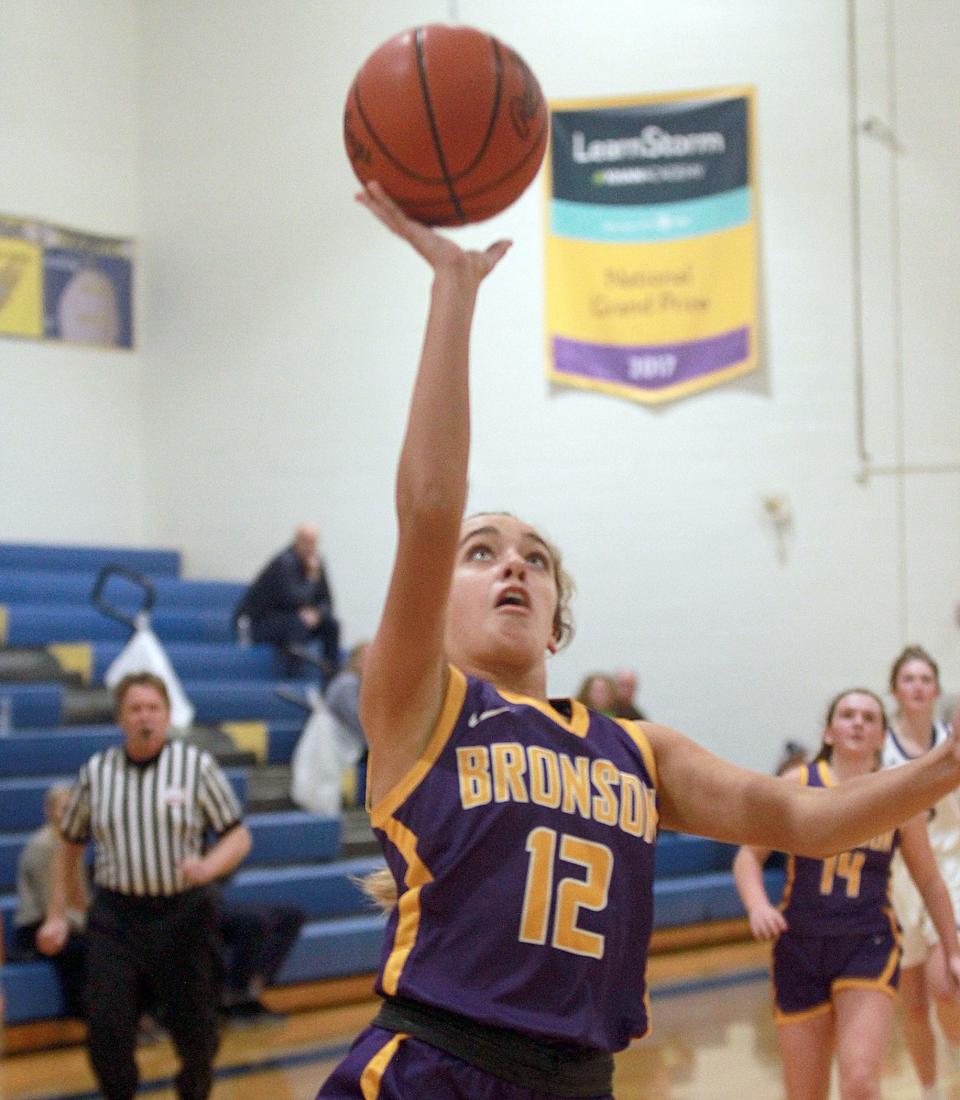 Ava Hathaway of Bronson makes a layup against Centreville on Friday night.