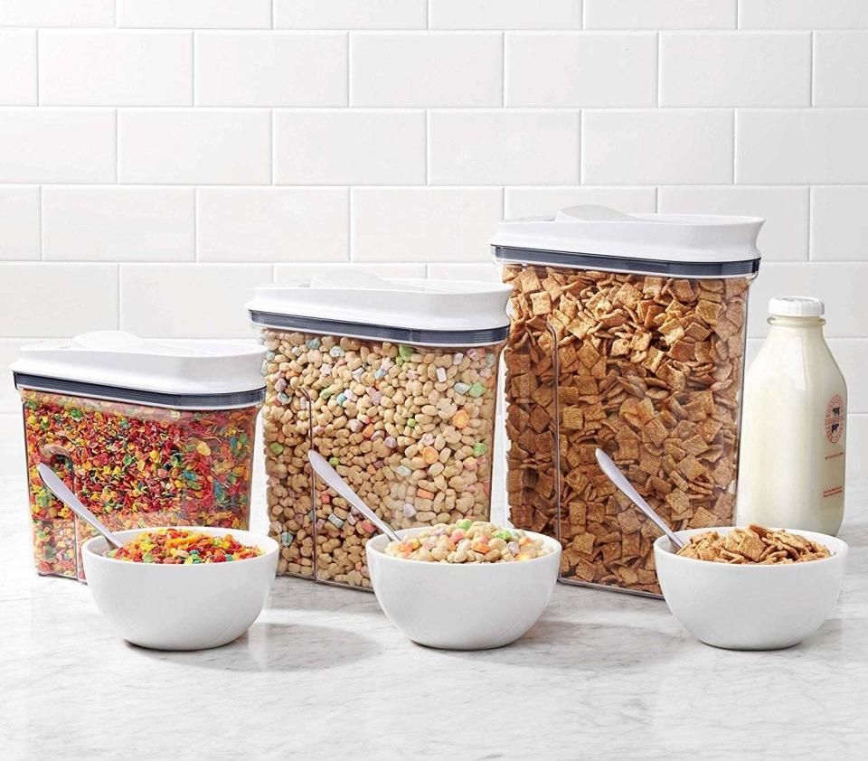 Prove it's what's on the inside (of the cereal box) that counts. Who knew snacks could look so lovely?<br /><br /><strong>Promising review:</strong> "Excellent product! Love the design, the crystal clear container, and the lid. <strong>Easy one-handed use.</strong> Our favorite cereal is not carried by the grocery closest to us, so we usually buy two boxes when we find it. I poured two boxes of the cereal into this container and there was still room to spare." &mdash; <a href="https://amzn.to/3tlUp9G" target="_blank" rel="nofollow noopener noreferrer" data-skimlinks-tracking="5902331" data-vars-affiliate="Amazon" data-vars-href="https://www.amazon.com/gp/customer-reviews/RTX4WNERZOJB?tag=bfmal-20&amp;ascsubtag=5902331%2C25%2C37%2Cmobile_web%2C0%2C0%2C16540680" data-vars-keywords="cleaning" data-vars-link-id="16540680" data-vars-price="" data-vars-product-id="20969096" data-vars-product-img="" data-vars-product-title="" data-vars-retailers="Amazon">Zoosopher<br /><br /></a>﻿<strong>Get it from Amazon for <a href="https://amzn.to/3ac7qva" target="_blank" rel="nofollow noopener noreferrer" data-skimlinks-tracking="5902331" data-vars-affiliate="Amazon" data-vars-asin="B00L9X4SNM" data-vars-href="https://www.amazon.com/dp/B00L9X4SNM?tag=bfmal-20&amp;ascsubtag=5902331%2C25%2C37%2Cmobile_web%2C0%2C0%2C16540695" data-vars-keywords="cleaning" data-vars-link-id="16540695" data-vars-price="" data-vars-product-id="18081127" data-vars-product-img="https://m.media-amazon.com/images/I/51+kMY7HFVL.jpg" data-vars-product-title="OXO Good Grips Airtight POP Large Cereal Dispenser (4.5 Qt)" data-vars-retailers="Amazon">$22.99+</a> (available in eight sizes and four styles).</strong>