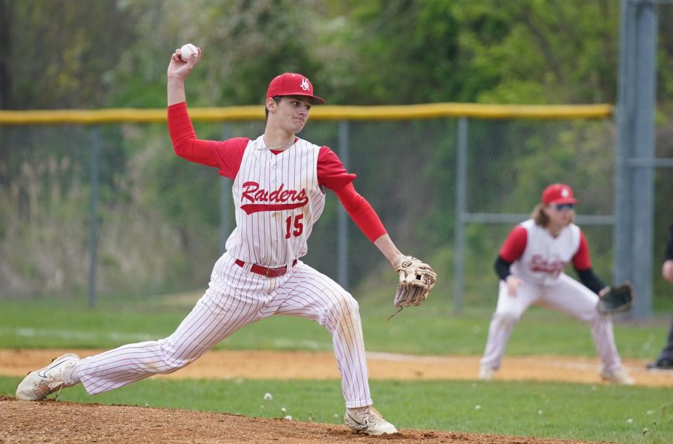 North Rockland pitcher Dan Barna (15) works the mound during their 9-1 win over Suffern in baseball action at North Rockland High School on Thursday, April 27, 2023. 