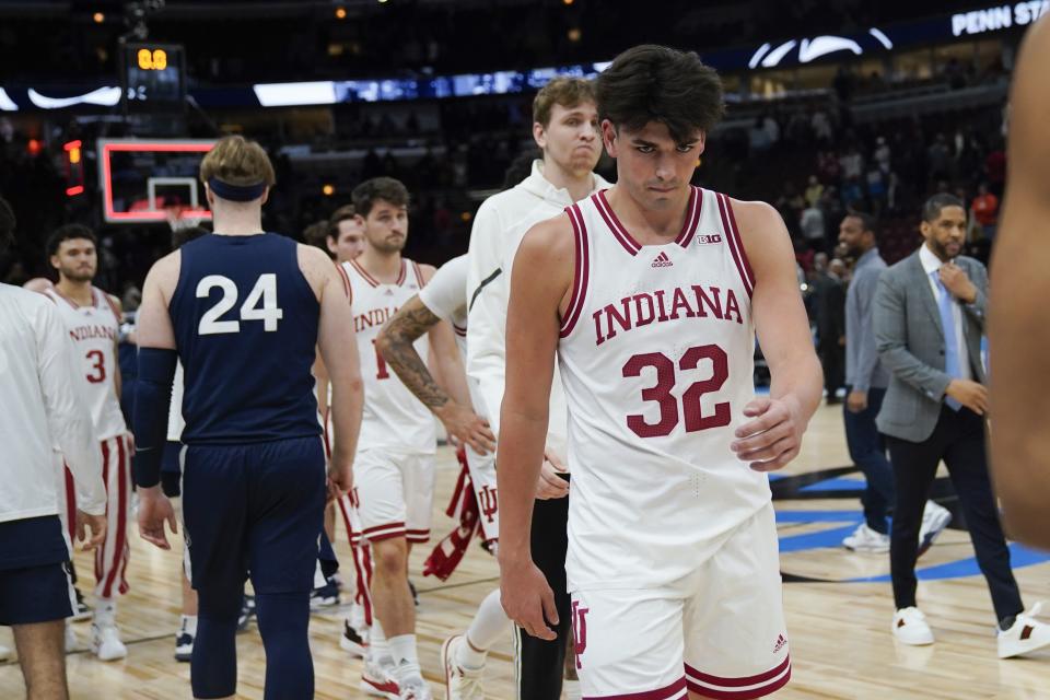 Indiana's Trey Galloway leaves the court following an NCAA semifinal basketball game against Penn State at the Big Ten men's tournament, Saturday, March 11, 2023, in Chicago. Penn State won 77-73. (AP Photo/Erin Hooley)