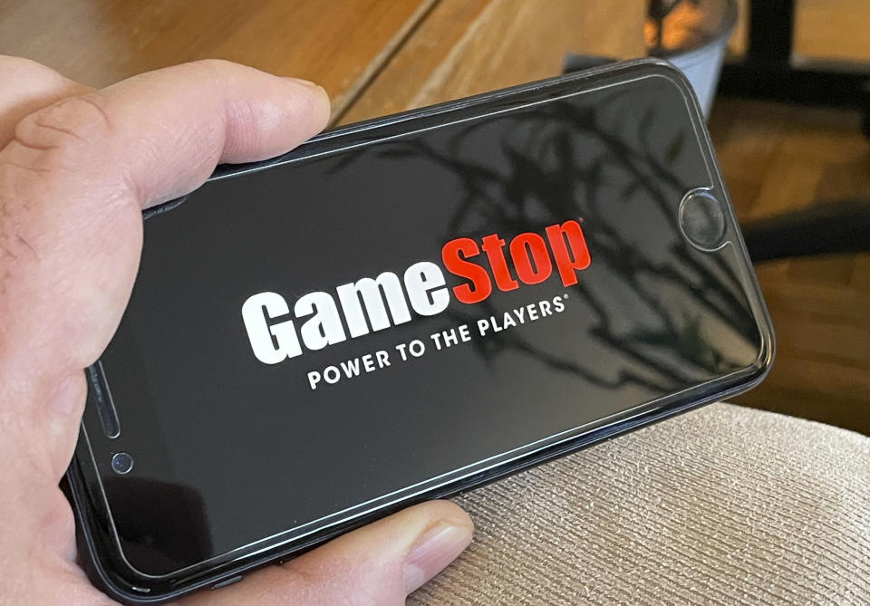 Photo by: STRF/STAR MAX/IPx 2021 1/25/21 GameStop shares double in wild trading session. STAR MAX Photo: GameStop logo photographed off an iphone SE 2020.